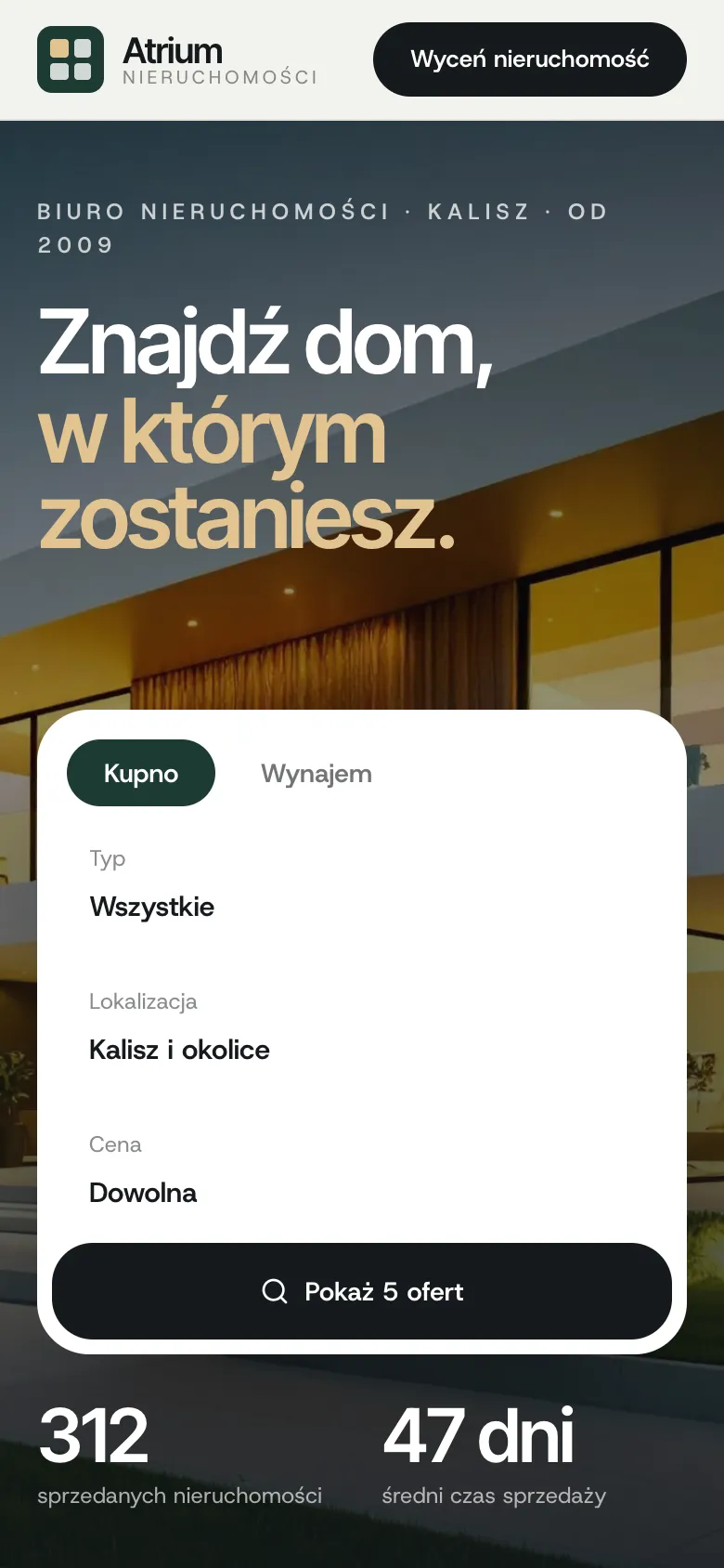 Ta sama strona na telefonie, z wyszukiwarką ofert na pierwszym ekranie