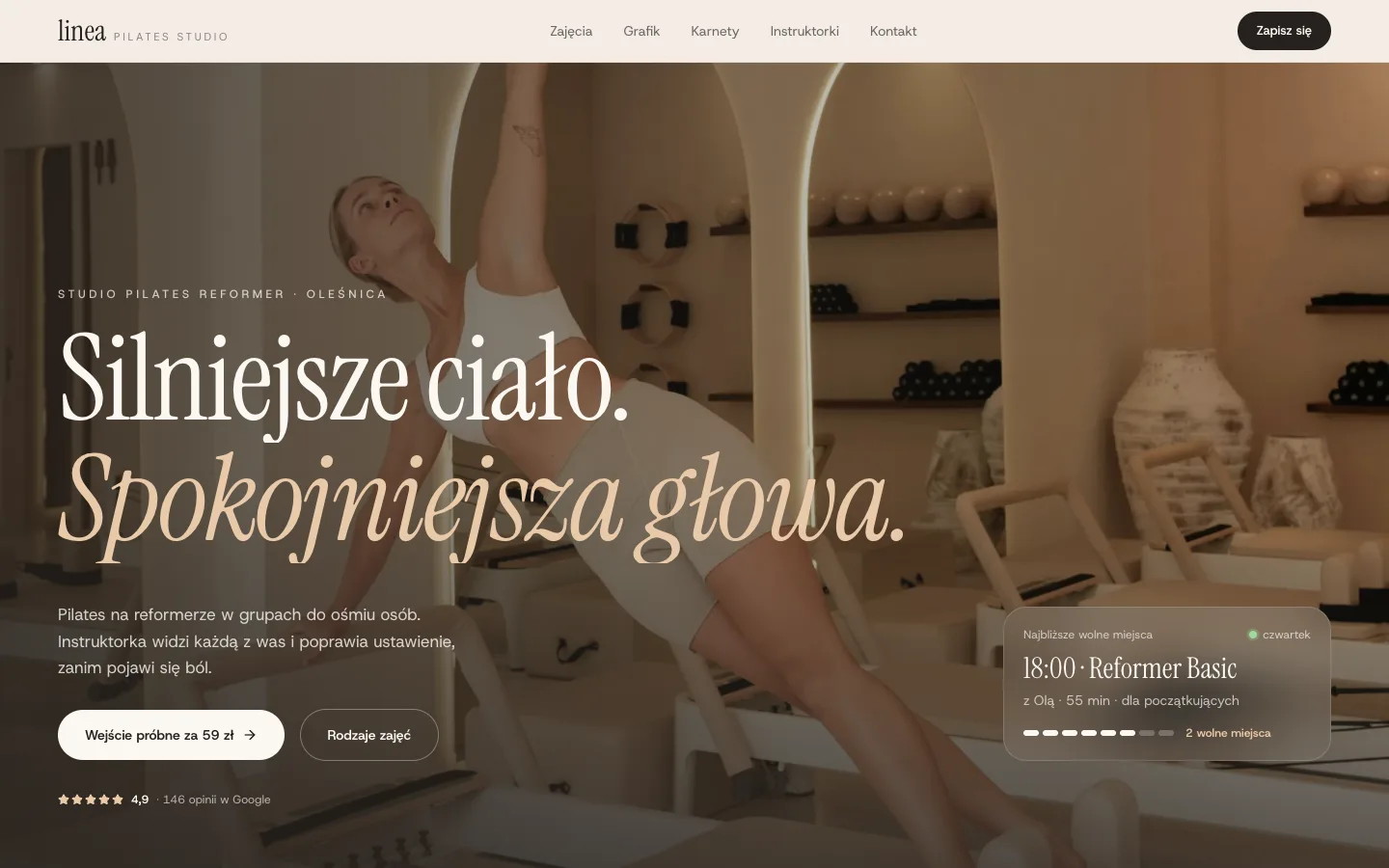 Przykładowa strona studia pilates Linea na komputerze